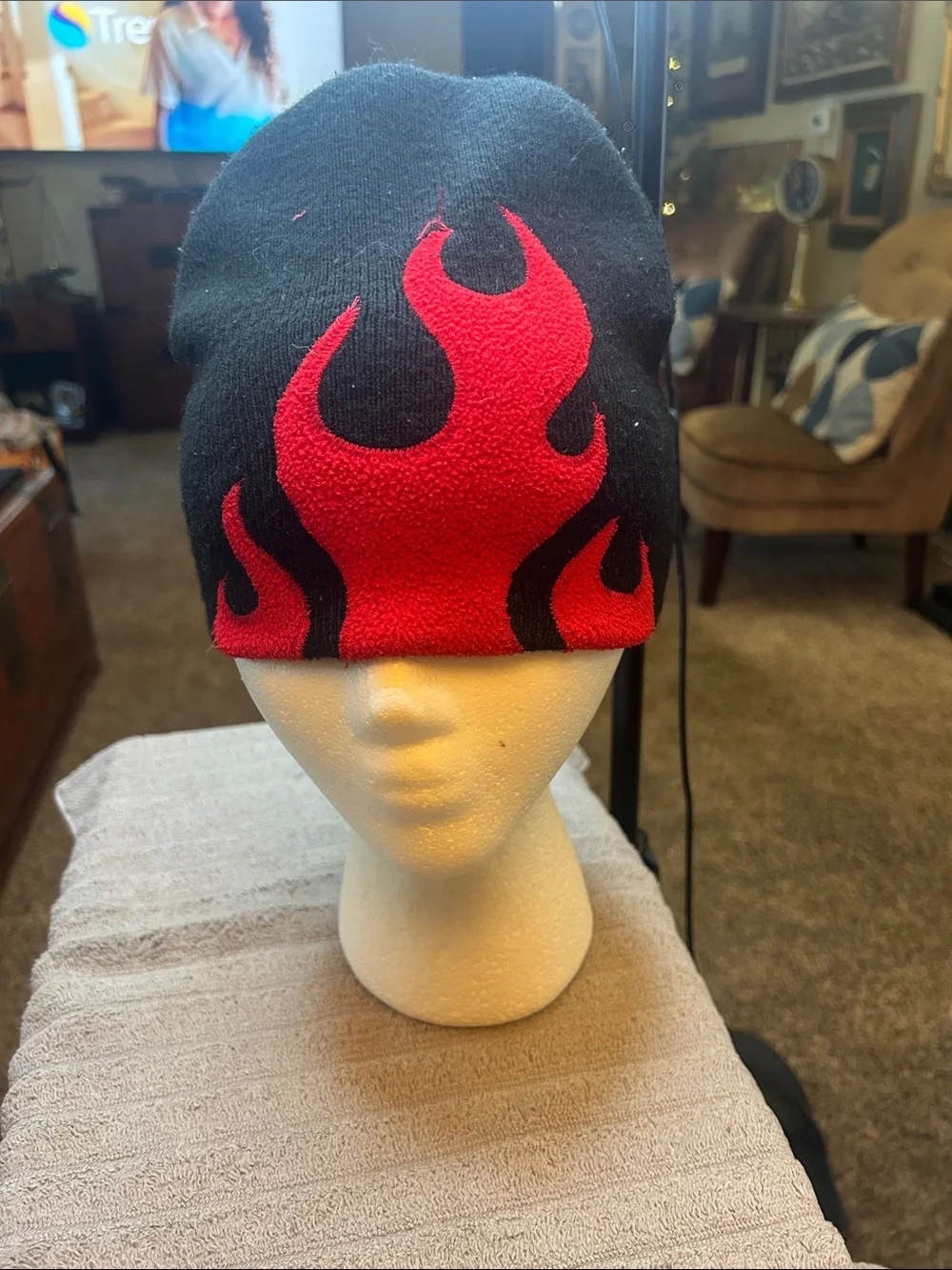 Black Beanie with Red Flame Accent - Kids Hat